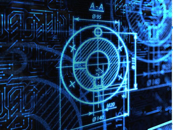 Glowing futuristic technical blueprint overlaid on a circuit board.