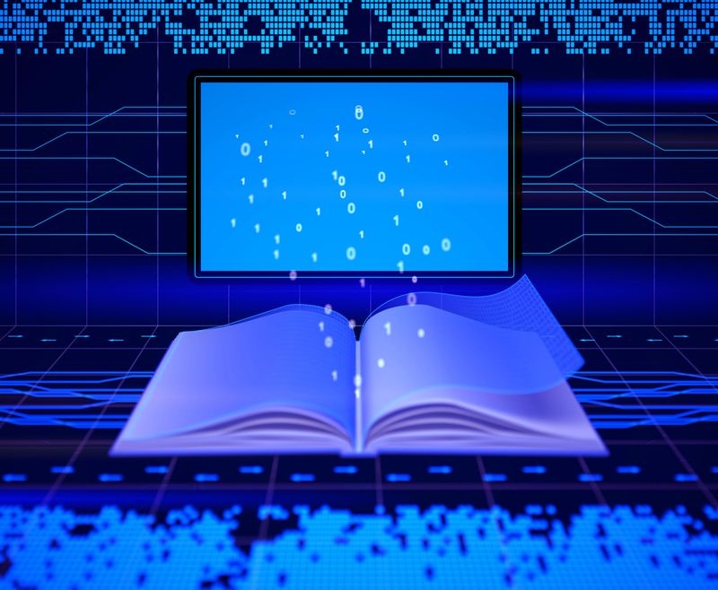E-reader - Electronic Book technology 3d background with binary data flow