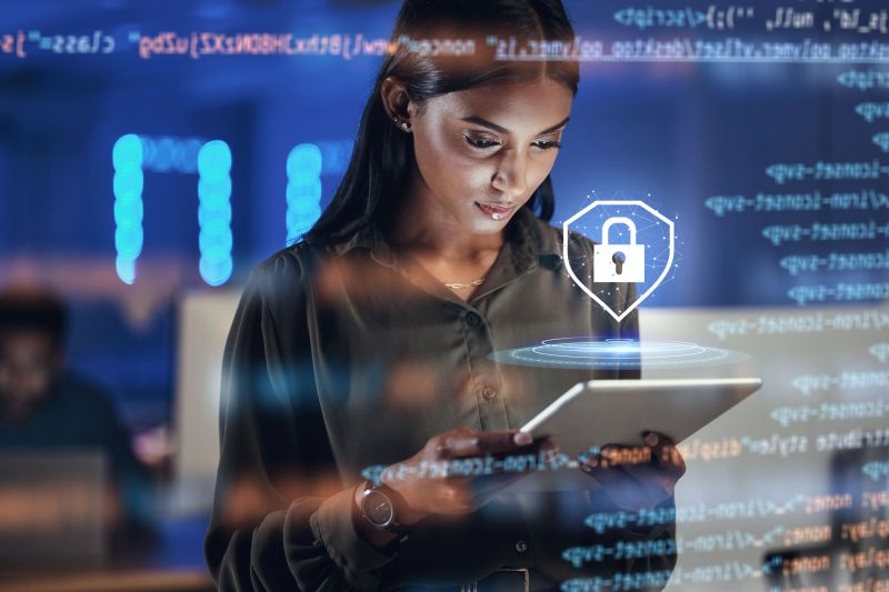 Tablet, lock security and woman in hologram for data safety, software, password or coding in information technology. Cybersecurity, html overlay and person for digital analytics and research at night