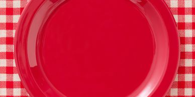 Empty red plate on a red and white checkered tablecloth.