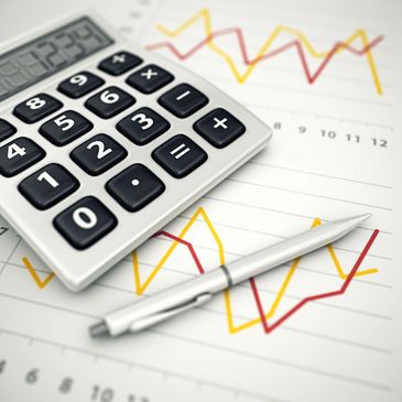 Calculator and pen on financial graph paper with fluctuating lines.