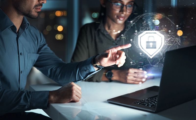 Password, graphic and cybersecurity of a hand with 3d software data for computer. Security, information technology and pointing with fintech hologram and futuristic app in a office at night with lock