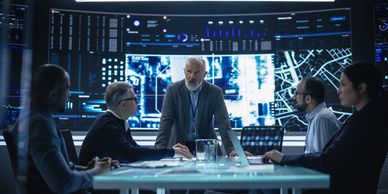 Team of professionals discussing data in a high-tech control room.
