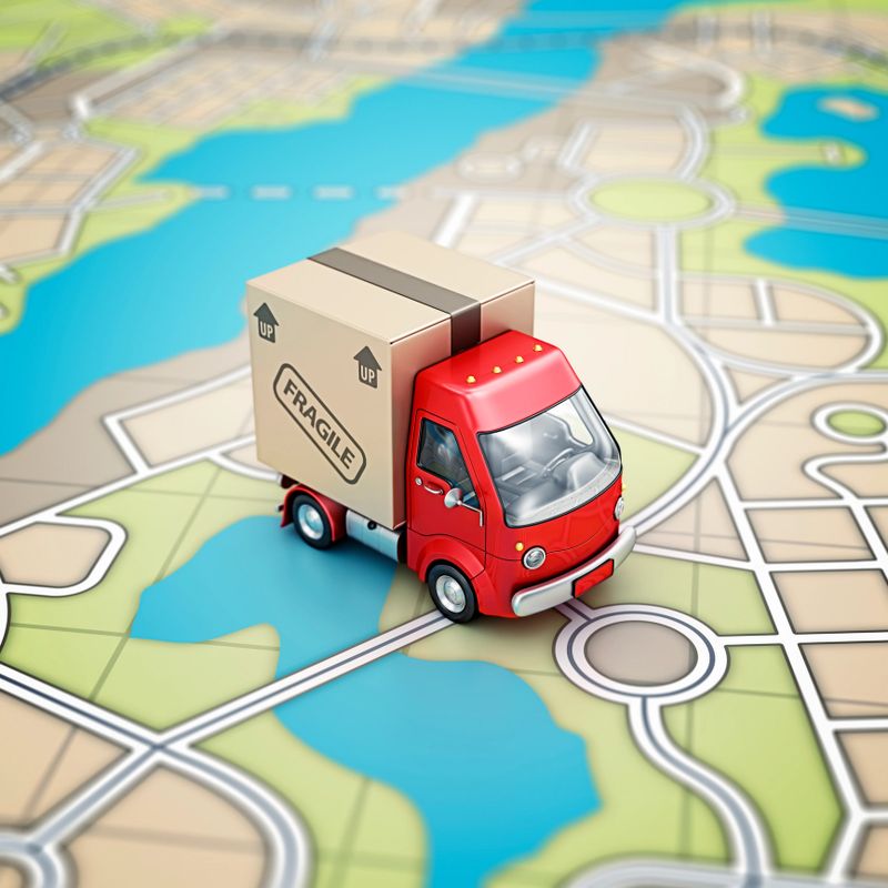 focused delivery van on the city map.