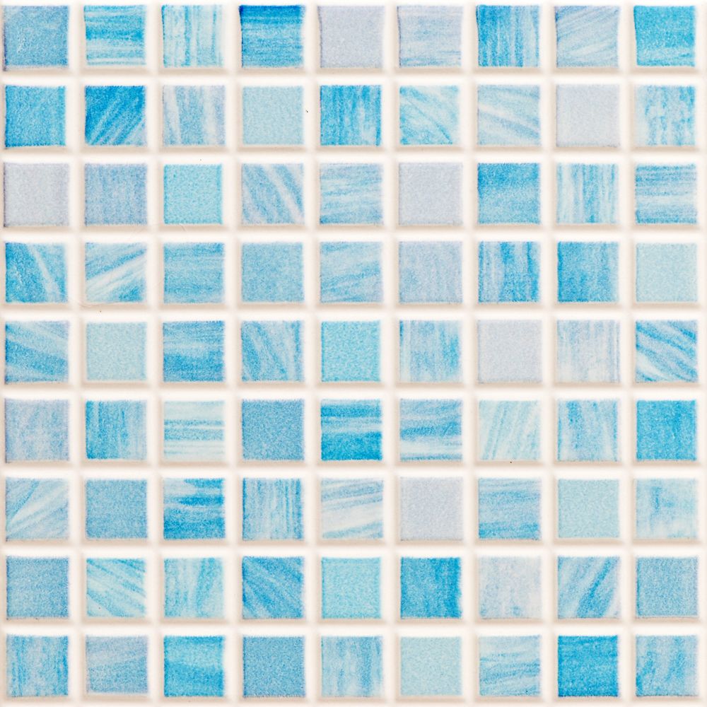 Blue mosaic tiles with varying shades and patterns.