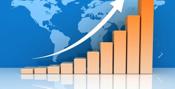 Orange bar graph with upward arrow against a world map background.