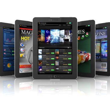 A digital tablet surrounded by multiple app screens displaying various content types.