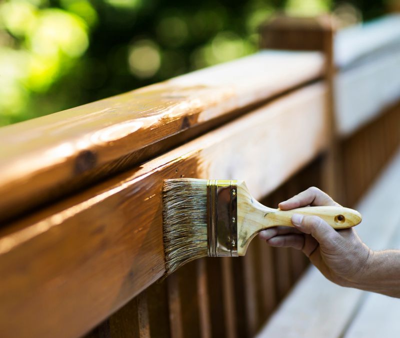 Cropped view of male carpenter applying stain to wooden furniture. Horizontal shot.
