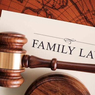 A gavel resting on a document titled 'Family Law' with a map background.