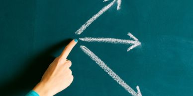 finger point at 3 arrows on green chalckboard