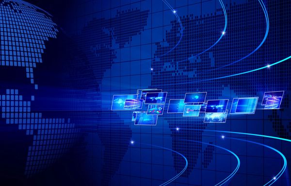 Digital global network visualization with floating data screens and blue world map.