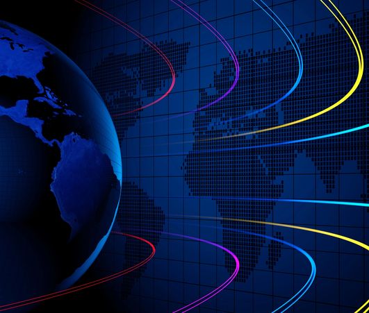 Digital Earth with colorful orbital rings and a pixelated world map background.