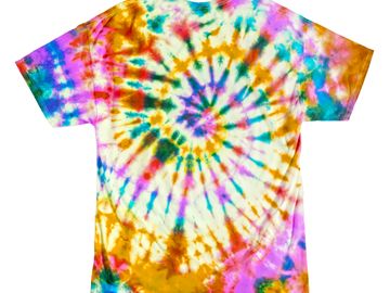 Colorful tie-dye t-shirt with spiral patterns in vibrant hues.