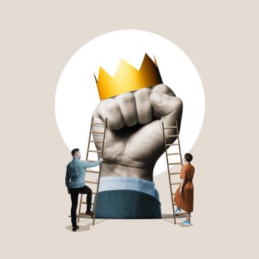 Two people climb ladders to a giant fist with a crown.