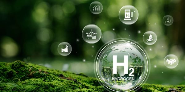 Hydrogen energy and sustainability icons over a green mossy surface.