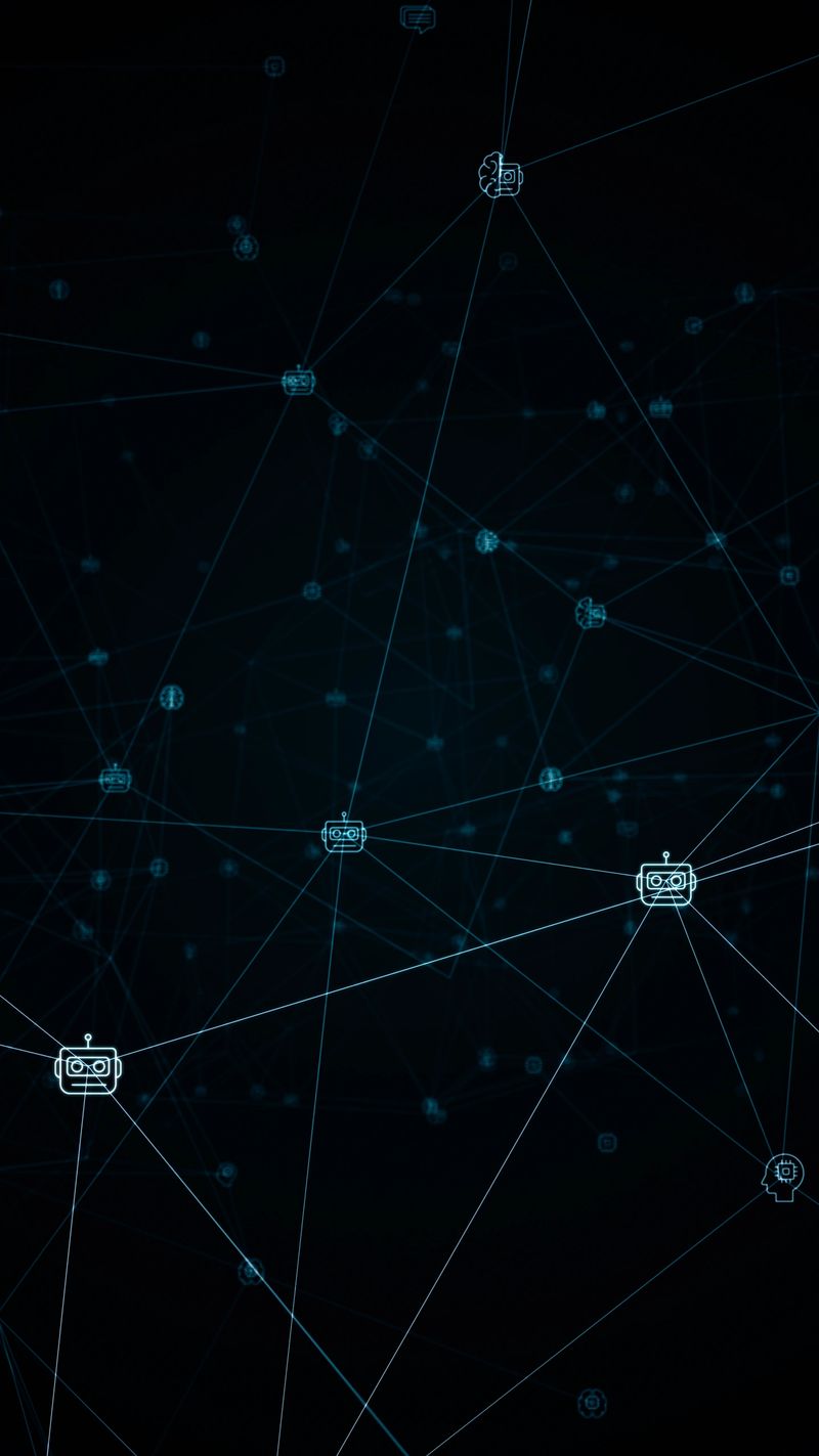Blue ai icons linked on grid mesh and line connection on futuristic abstract background technology artificial intelligence assistant concept