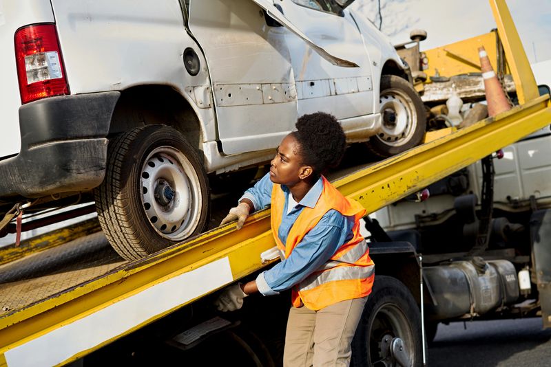 Young Black woman in reflective vest adjusting van on hydraulic platform before removing from crash site.