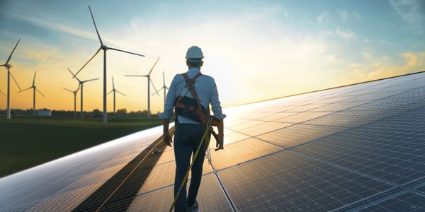 Wind turbine and solar panels and worker. Make America safe. National security. 