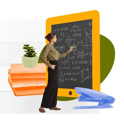 Woman solving math problems on a digital tablet with office supplies around.