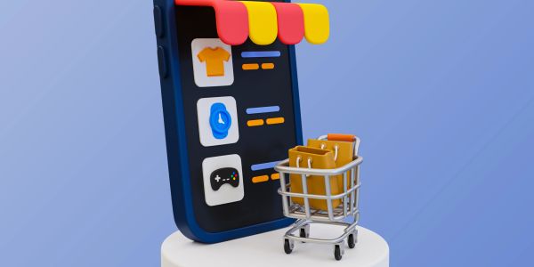 3D illustration of a mobile shopping app with a cart full of packages.