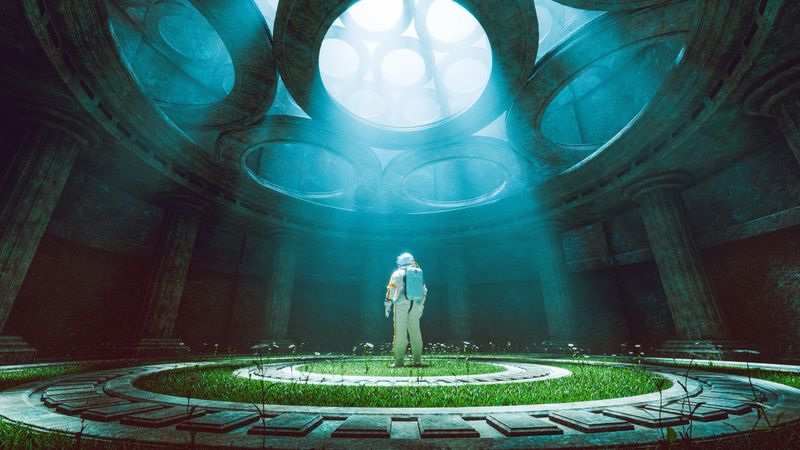 Concept of the metaverse and exploring new places. Man in space suit is ready for an adventure and embark on a journey.