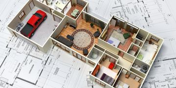 3D floor plan of a modern house with furniture and a garage, placed on architectural blueprints.