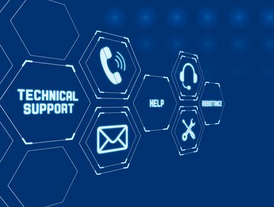 Digital interface showing technical support and communication icons.
