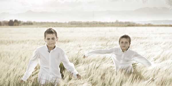 Two boys in white shirts running through a golden wheat field.
