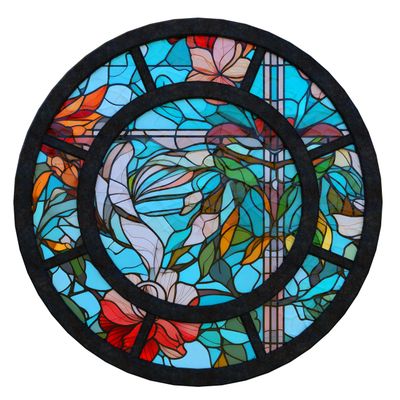 Circular stained glass window with colorful floral patterns.