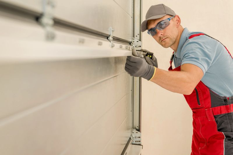 Installing Brand New Residential Garage Doors by Professional Caucasian Technician in His 40s.