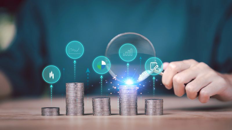 concept of finance and investment ,profit growth management ,financial graphical and statistical analysis ,Stock and currency fund management ,bank interest management ,high return investment