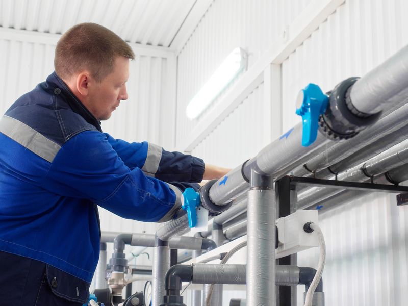 Plumber joins pipe coupling inside production facility. Worker repairs and maintains industrial water supply system. Real workflow.