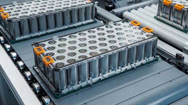 Battery packs arranged on a conveyor belt in a manufacturing facility.