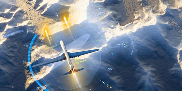 A drone flying over mountainous terrain with digital HUD overlays showing speed and distance.