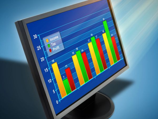 Bar chart showing income, tax, and profit on a computer screen.