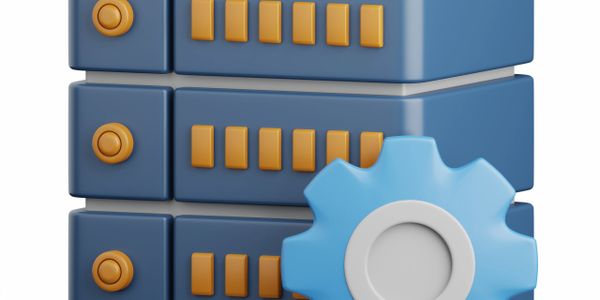 3D icon of server stacks with a blue gear for settings or configuration.