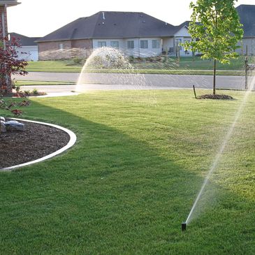 Sprinklers watering a green lawn on a sunny day.