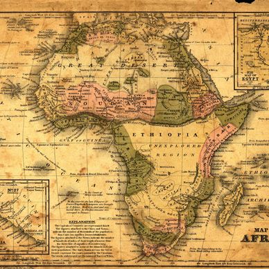 Antique map of Africa showing historical regions and explorations.