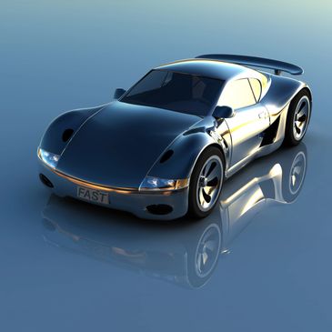 Sleek, futuristic black sports car with reflective surface and license plate 'FAST'.