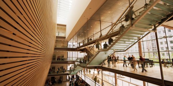 Spacious modern atrium with glass stairs and wooden walls.