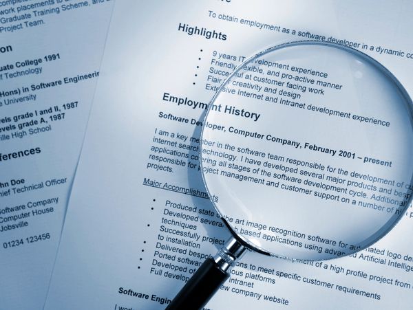 Magnifying glass focusing on a detailed software developer resume highlighting skills and employment history.