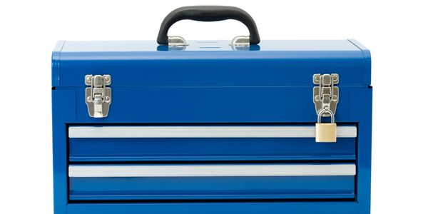 Blue metal toolbox with latch and padlock.