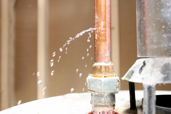 Water leaking from a copper pipe joint.