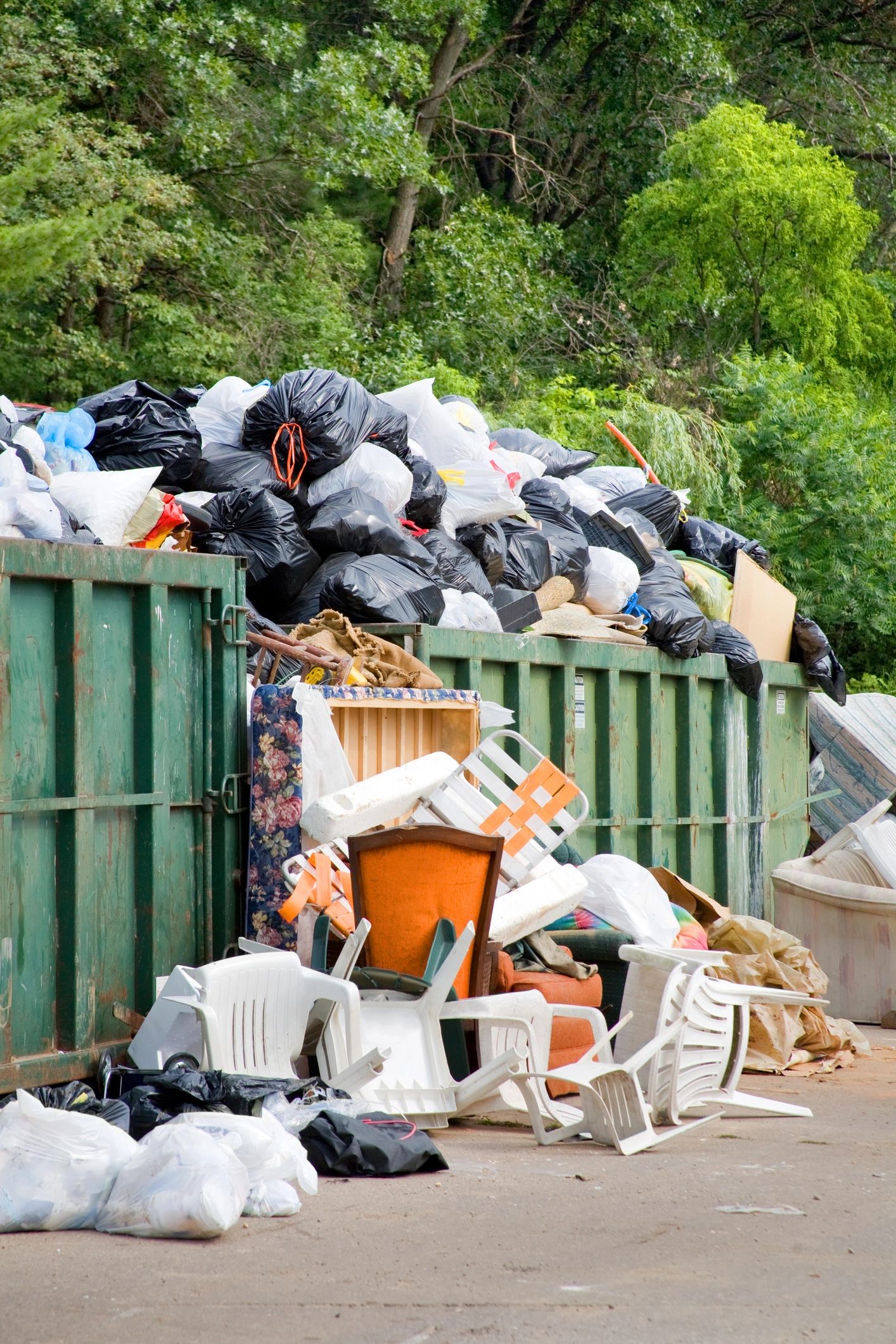 Dumpster filled with construction debris in a yard, ready for removal.