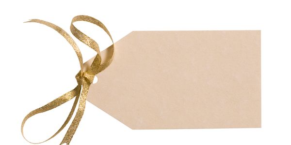 Blank beige gift tag with a shimmering gold ribbon bow.