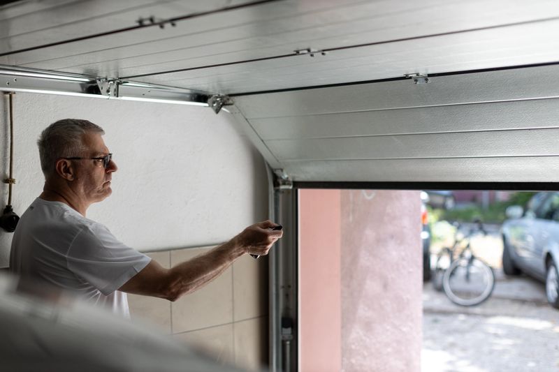 Man with eyeglasses closing and opening garage door with remote controller