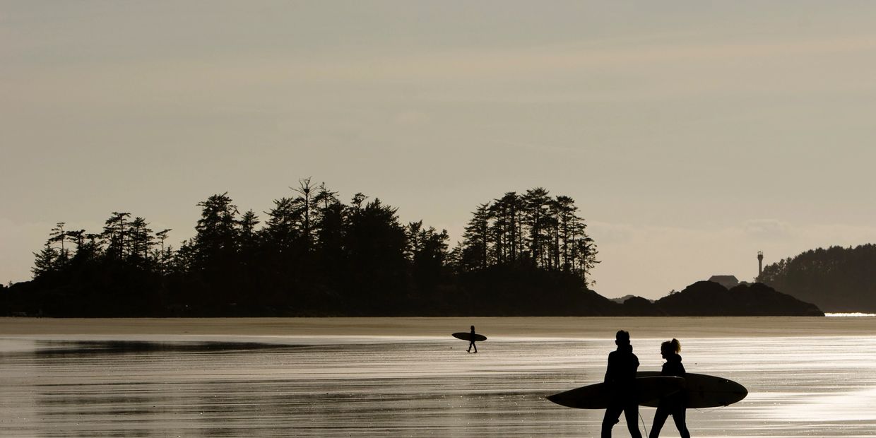 Silhouettes of surfers walking and one in water at sunset near forested island.