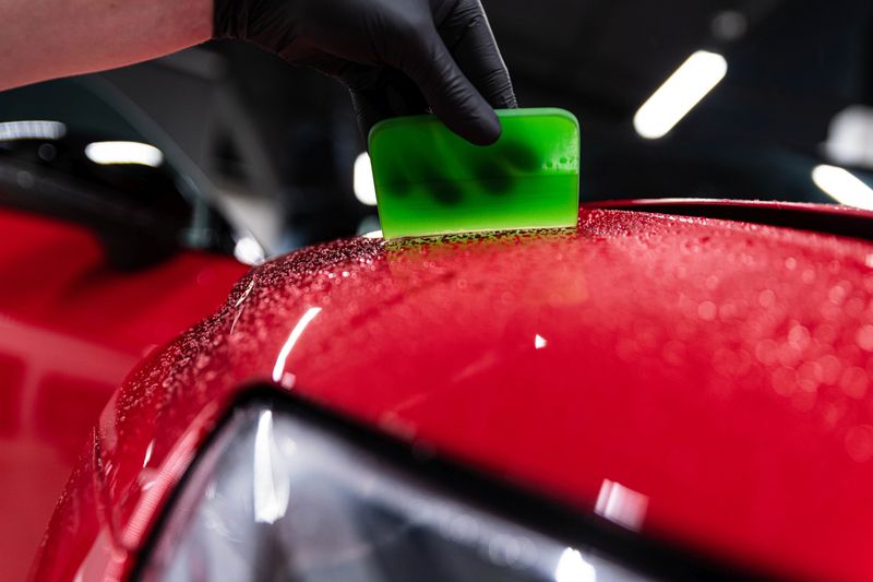 Application of a colorless protective film at a car detailing studio or car wash. Beautiful red car paint.