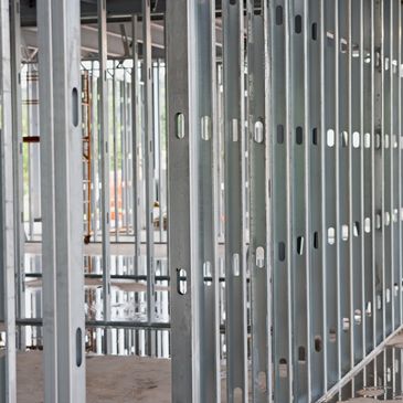 Metal stud framing in a building under construction.