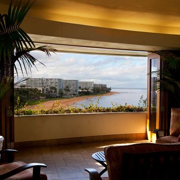 Upscale view of Ko Olina's beach and lounge area.